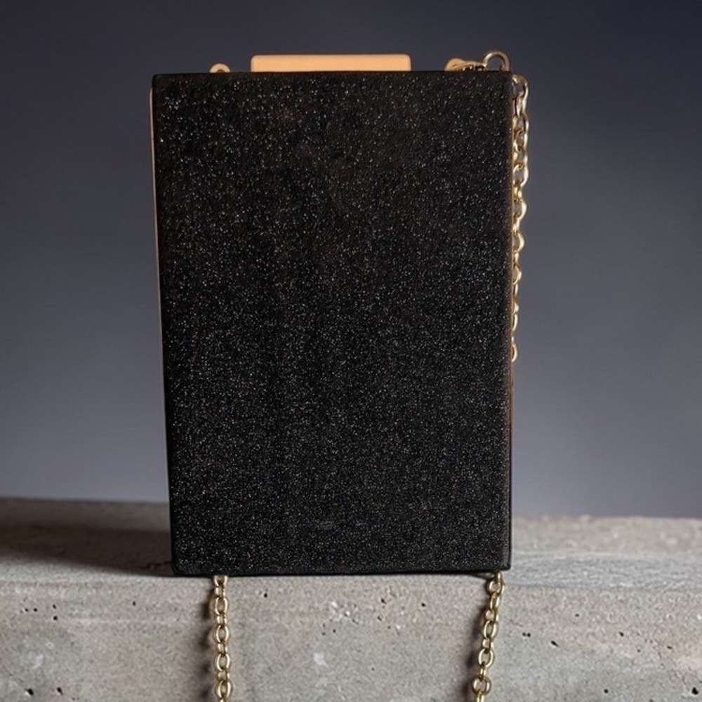 Black Glitter Box Clutch Gold Trim‎ Evening Bag Crossbody Chain Strap Formal